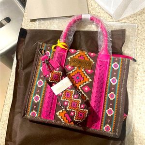 SOUTHWESTERN PRINT CROSS BODY CANVAS MINI TOTE- HOT PINK